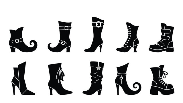 Set of black silhouette witch boots for fantasy costumes.