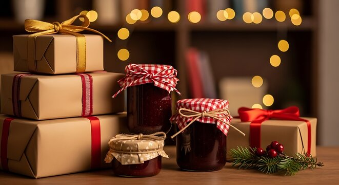 Festive christmas gifts and jars of homemade jam on a wooden table with bokeh lights in the background