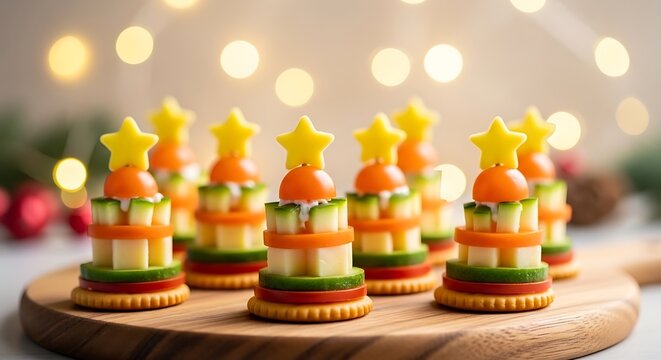 Festive christmas tree appetizers made with crackers, fresh vegetables, and cheese stars on a wooden board with bokeh lights background
