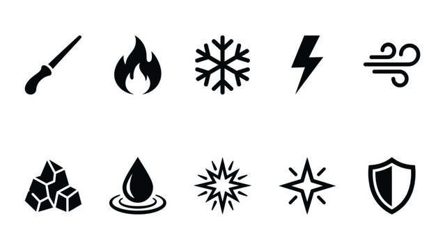 Set of elemental magic icons for fantasy games.