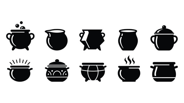 Set of black silhouette magic cauldrons for potions.