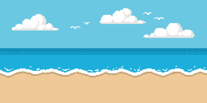 Pixel art summer beach scenery with blue ocean waves hitting sandy shore under sunny sky with white fluffy clouds above scene.