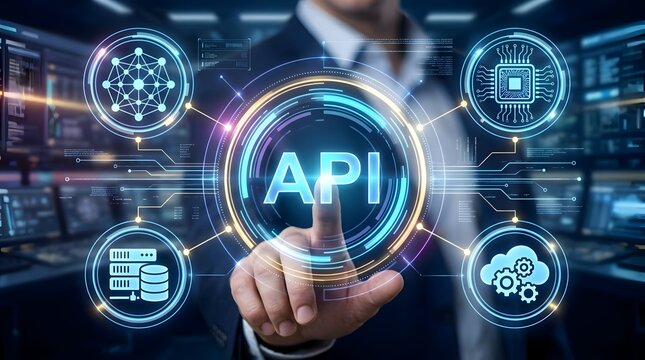API Application Programming Interface concept with businessman hand touching virtual screen hud