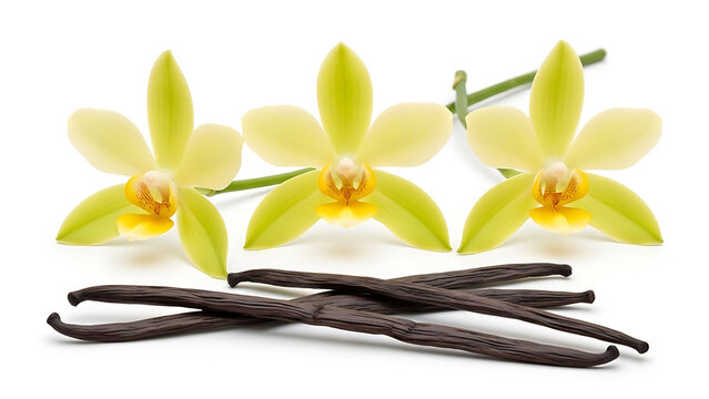 Yellow mimosa flowers with vanilla sticks isolated