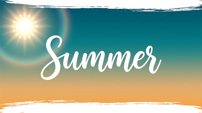 Summer lettering on sunset background. Hand drawn cursive text for seasonal vacation design.