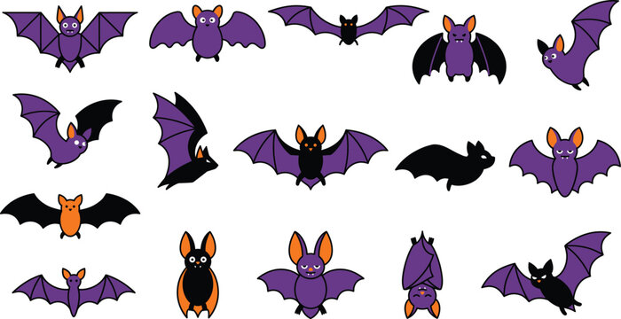 Whimsical cartoon bats with cute faces in spooky Halloween style illustration