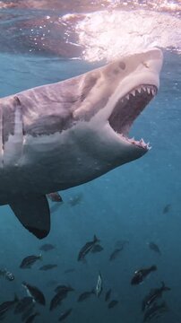Great white shark swimming underwater and opening its jaw to bite near the surface