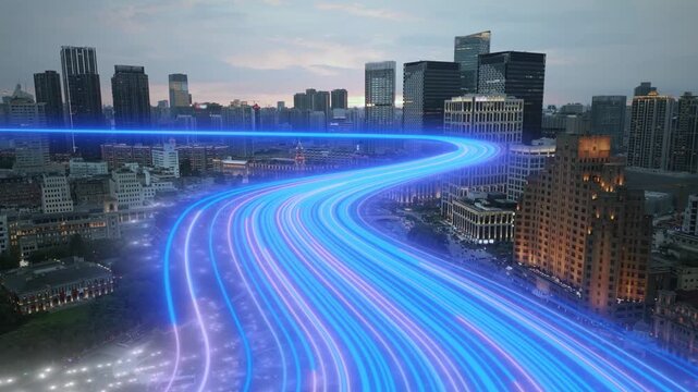 Aerial Glowing data streams wrapping Shanghai skyscrapers at dusk. Concept of global telecommunications, smart city infrastructure, and rapid digital transformation in china and Asia