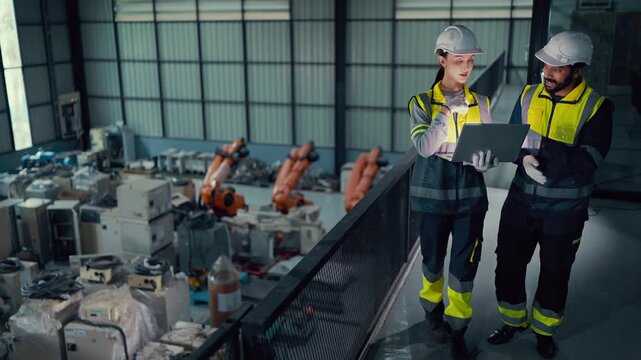 Two engineers walk through an industrial facility. They wear hard hats and high-visibility vests. One holds a laptop, showing data to the other