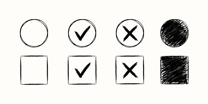 Set of hand drawn grunge circles and squares with check marks, crosses, and scribbled fill for UI elements.