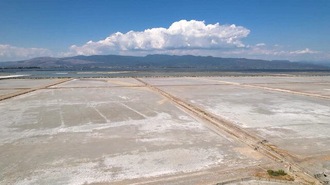 Messolonghi Salt Flats Aerial Dolly, Salt Production Fields in Tourlida, Enviromental Landscape, Greece