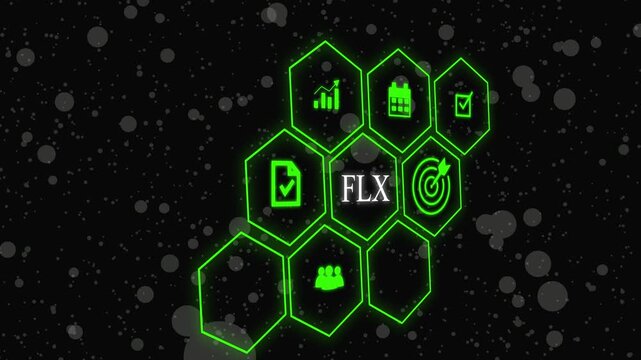 FLX Learning Management System concept. Hand holds wooden cube with FLX symbols on beautiful light background with copy space. Online business education. Electronic School icon background animation . 