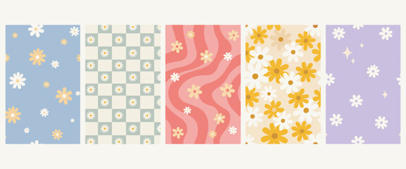 Naklejka premium Retro floral seamless pattern collection with daisy flowers in aesthetic groovy colors for wallpaper fabric surface design.