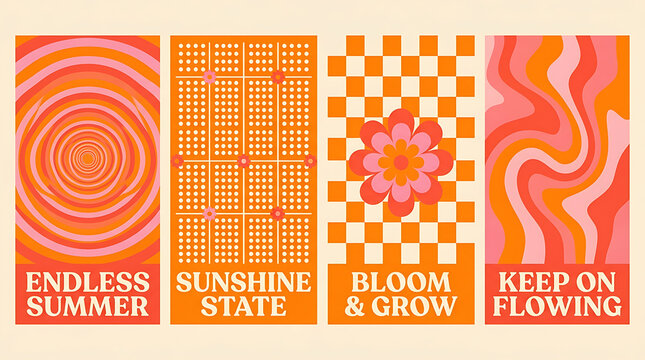 Set of four minimalist summer posters. Retro 1970s style wall art with groovy typography.