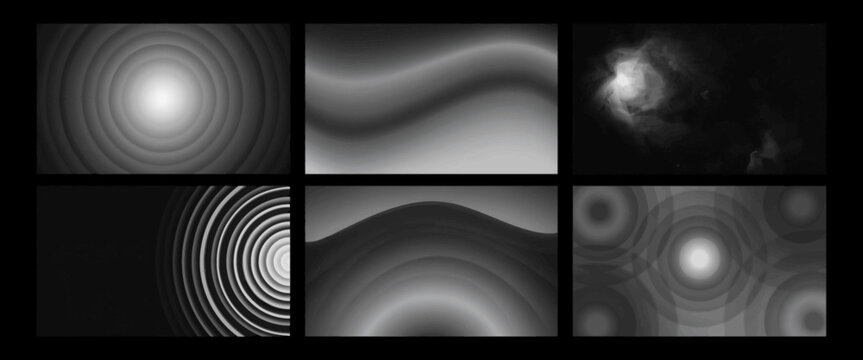 Abstract grayscale background collection featuring circular ripple patterns smooth wave gradients and soft light textures.