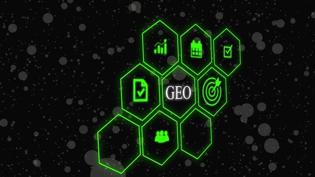 GEO Learning Management System concept. Hand holds wooden cube with geo symbols on beautiful light background with copy space. Online business education. Electronic School icon background animation . 