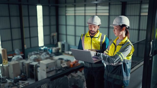 Two engineers review data on a laptop. They stand on a metal platform overlooking a factory floor. Wearing helmets and safety vests