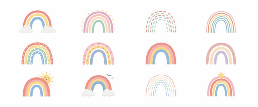 Collection of cute boho rainbow illustrations with clouds stars hearts and sun whimsical and playful designs for kids decor.