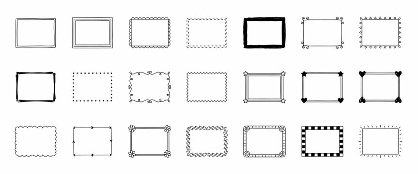 Set of hand drawn doodle frames for photo decoration isolated on white background with different artistic creative styles.