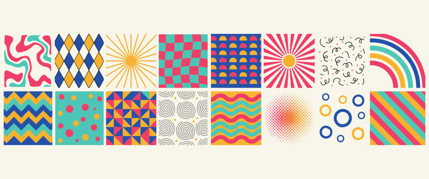 Set of square patterns featuring groovy waves diamonds rays circles and halftone gradients for creative graphic design.