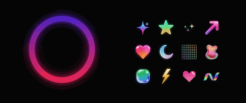 Set of unique trendy y2k vector neon gradient shapes icons in different styles isolated on black background.