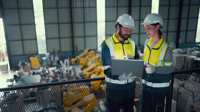 Two engineers review data on a laptop. They stand on a metal platform overlooking a factory floor. Wearing helmets and safety vests