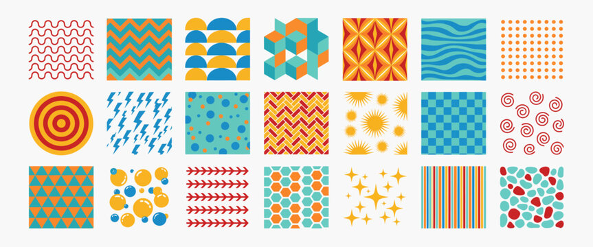 Colorful graphic design collection featuring various seamless geometric patterns set in diverse artistic vector styles.