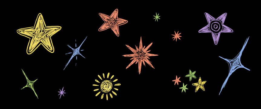 Hand drawn colorful stars and sun doodles set on black background featuring sketchy celestial elements for playful design.