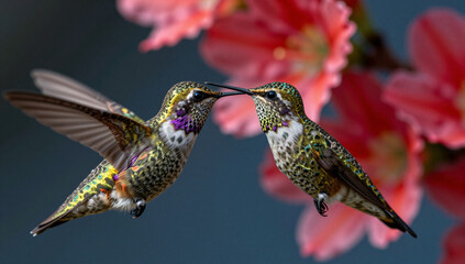 Obraz premium Two vibrant hummingbirds hover near red flowers.