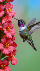 Fototapeta premium A hummingbird feeds on bright pink flowers, with its wings blurred in motion.