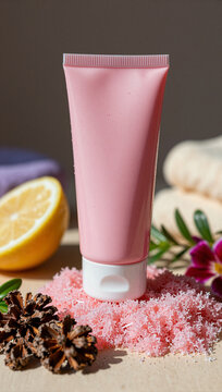 Pink cosmetic tube on pink sugar and lemon.