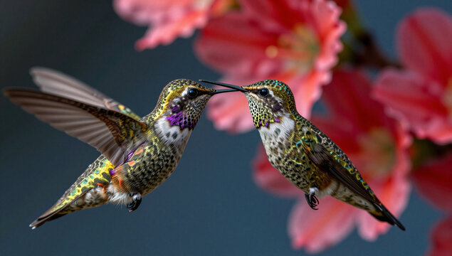 Two vibrant hummingbirds hover near red flowers.
