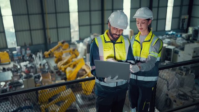 Two engineers review data on a laptop. They stand on a metal platform overlooking a factory floor. Wearing helmets and safety vests