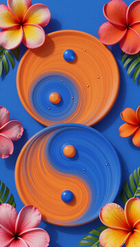 Colorful yin-yang bowls surrounded by vibrant tropical flowers.