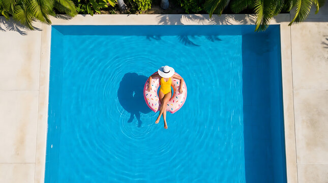 Woman relaxing on donut float in pool. Aerial view of female enjoying summer vacation.