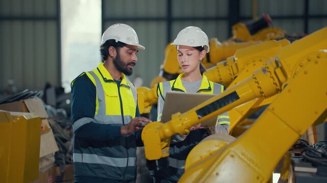 Two engineers inspect yellow robotic arm in factory. They wear hard hats and reflective vests. One points at mechanical joint while other observes