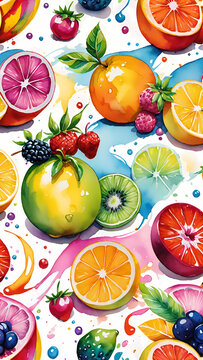 Seamless pattern of vibrant digital fruit illustrations featuring orange slices kiwi and berries with colorful watercolor splashes