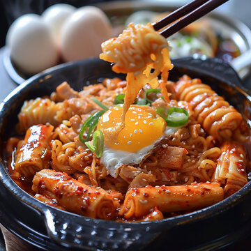 Spicy Korean Ramen Pan with Egg Yolk, Meat Rolls, and Chopsticks
