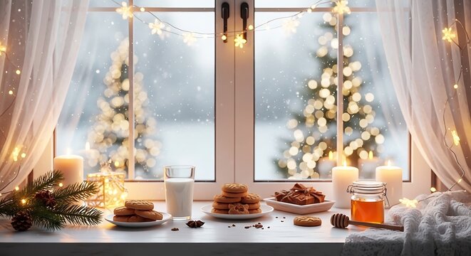 Cozy christmas window sill with cookies, milk, honey, and candles, featuring a snowy winter landscape with blurred christmas trees in the background