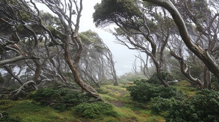 Fototapeta premium Twisted ancient trees in a windswept forest, showcasing the powerful forces of nature