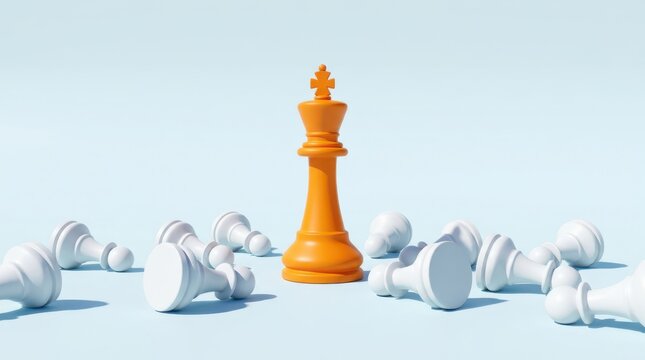 Orange king chess piece standing tall surrounded by fallen white pawns symbolizing victory and competition.
