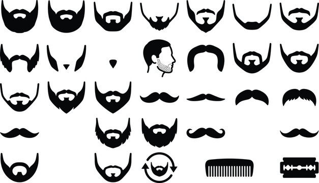Black silhouette icon set of men beards, mustaches, hairstyles, and barber shop elements
