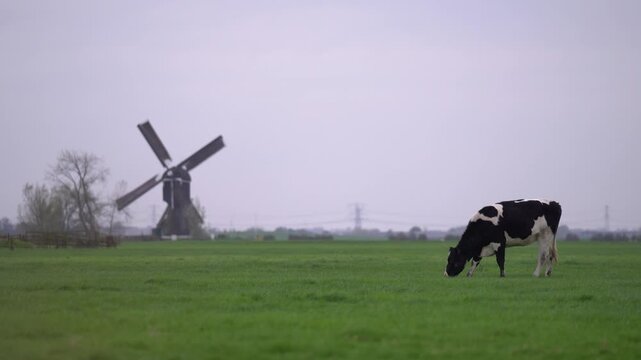 Single black and white Holstein dairy cow grazing in a green meadow with a historic wooden Dutch windmill out of focus in the background on an overcast day.