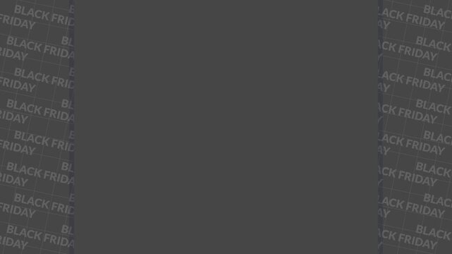 Seamless looping background animation of moving Black Friday text in side areas with black center text copy space area. Flat style promo frame banner design concept for shopping sale offer