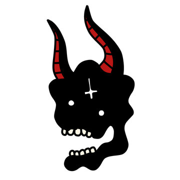 Black devil skull with red horns vector icon.