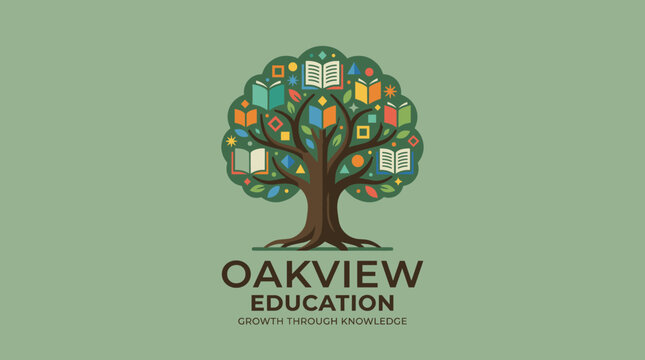 Tree logo with colorful book leaves for Oakview Education.