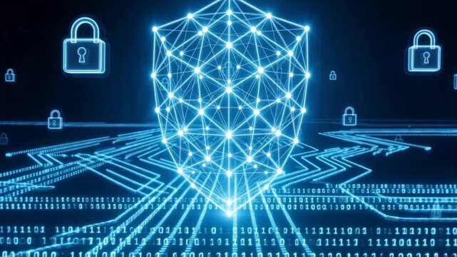 Data lines with padlocks on a digital background showing information security concepts