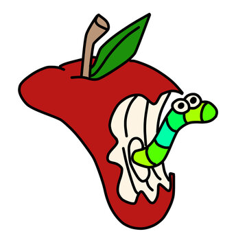 Cute green worm inside red apple vector icon.