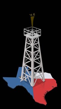 Animated oil derrick spouting crude oil on Texas state map with flag representing energy production and economy. Chroma key green screen with alpha channel. (loopable)