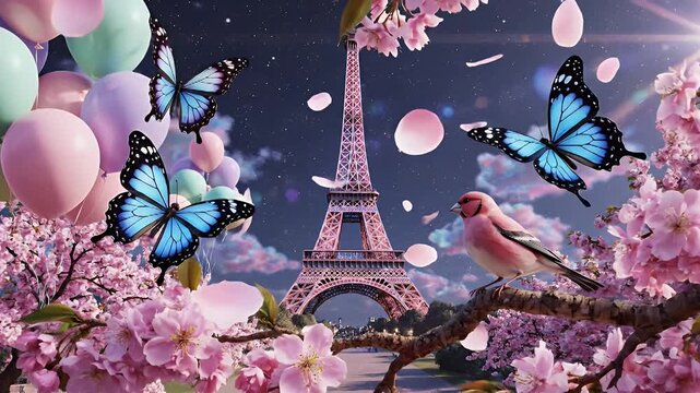 Enchanting Parisian Cherry Blossom Scene Framed by The Eiffel Tower Under Twilight Sky with Balloons
